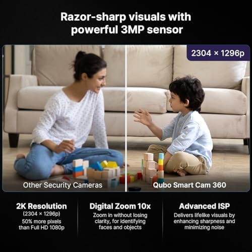 Qubo Smart 360 2K 3MP 1296p WiFi CCTV Security Camera from Hero Group | Mobile App | Two Way Talk | Night Vision | Cloud & SD Card Recording | Made in India | Alexa & OK Google | (3MP) - Image 3