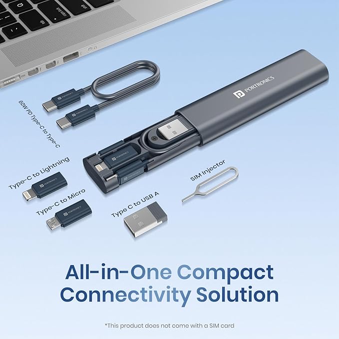 Portronics Snapcase 3 60W Multifunctional Fast Charging Data Cable Kit, Conversion Set USB A & Type C to Male Micro/Type C/Lightning, Data Transfer, Sim Storage, Sim Eject Pin, Pocket Size(Blue) - Image 4