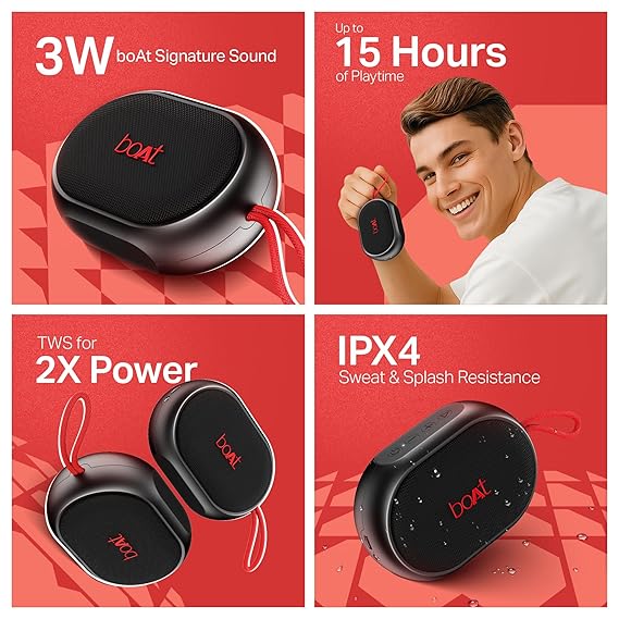 boAt (2025 Stone 110 Bluetooth Speaker with 3W Signature Sound, Up to 15Hrs Playback, Built-in Mic, TWS Feature, Bluetooth v5.4, AUX Port, Voice Assistant & IPX4(Raging Black) - Image 2